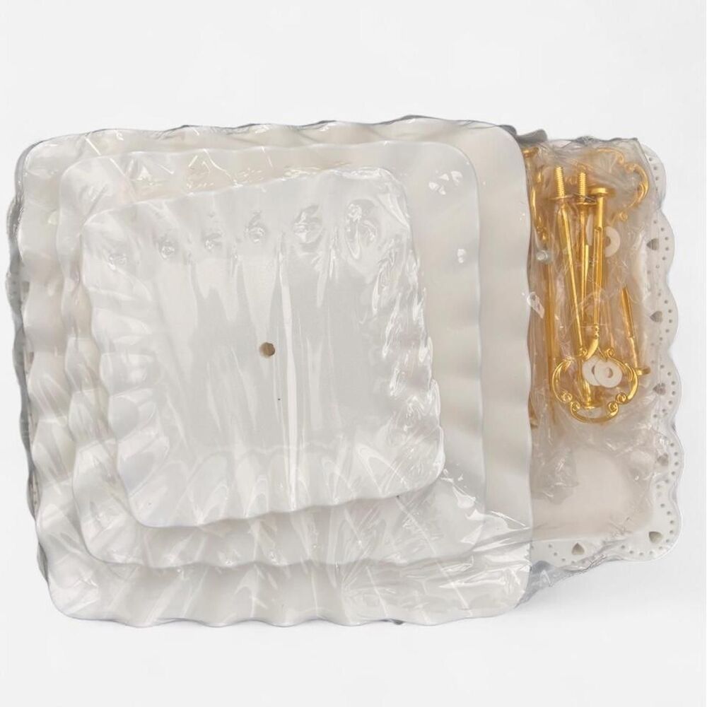 White Gold Dessert Serving Set with Tiered Trays and Serving Trays Party Wedding